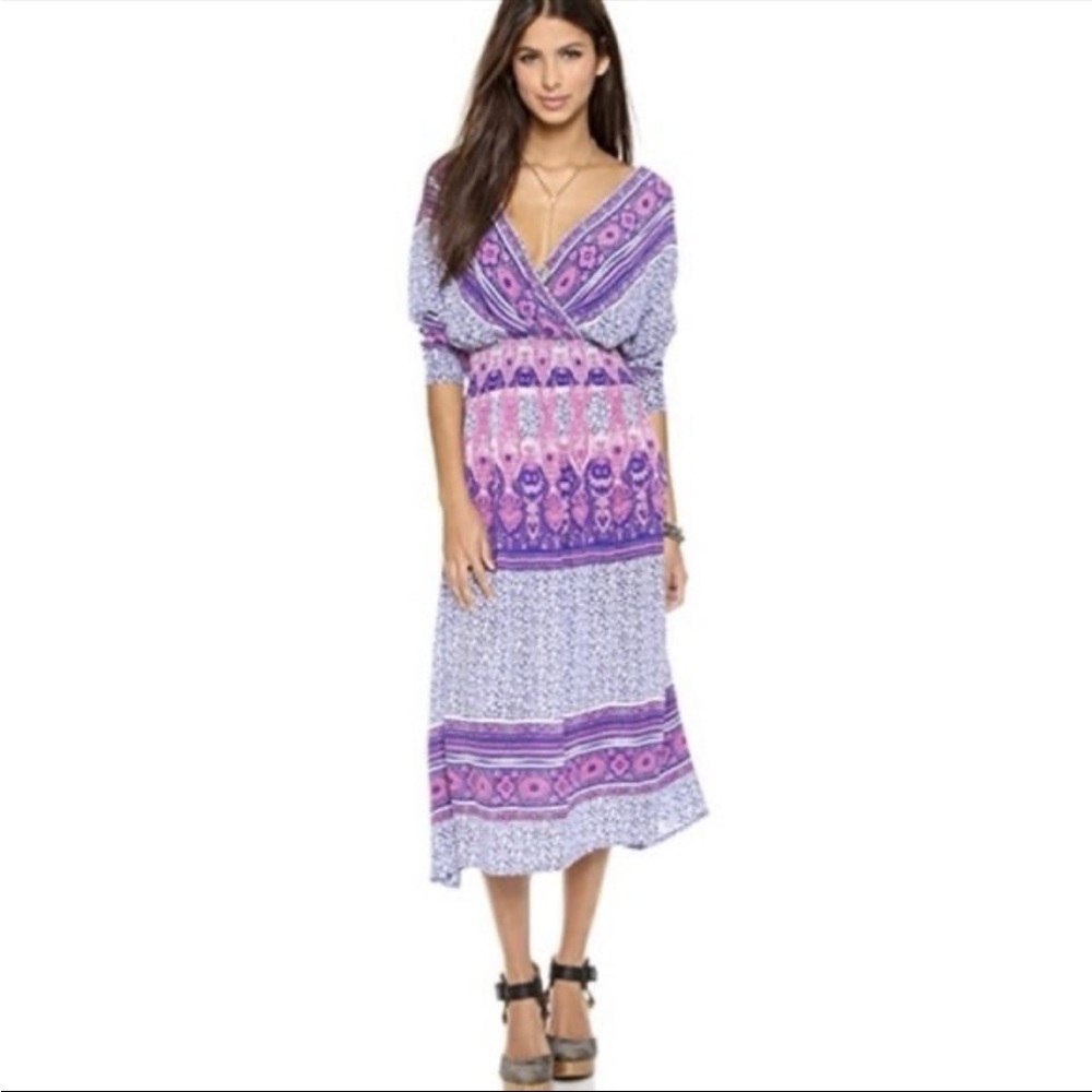 Free People Purple and White Boho Wrap Midi Dress. Photo is example of wear